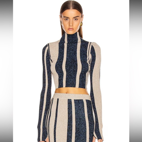 Self-Portrait Tops - Self-Portrait Metallic Knit Cropped Turtleneck Top Navy Gold Striped Size Small